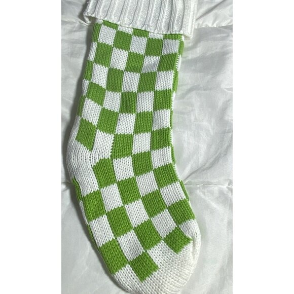 Green White Checkerboard Knit Lined Christmas Stocking 18.5” X 9” Whimsical - Picture 3 of 8